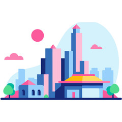 Obraz premium Colorful, stylized cityscape illustration featuring various buildings and a serene atmosphere.