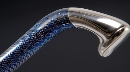 Close-up of a walking cane handle with intricate design.