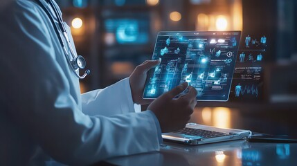 Doctor using futuristic tablet with medical data and stethoscope in a modern office setting lookiing