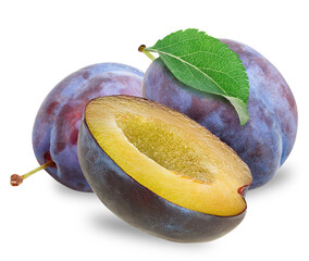 fresh plums with leaf, isolated on transparent background.