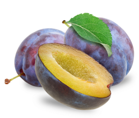 fresh plums with leaf, isolated on transparent background.