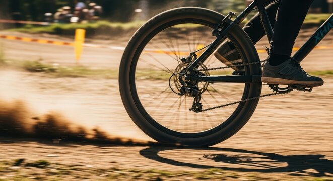 Cyclist Riding Fast on a Dirt Track Kicking Up Dust During a Race Event