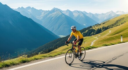Man riding bicycle up mountain road with stunning scenic views