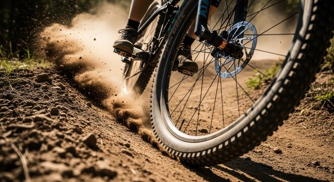 Mountain biking action shot kicking up dust on a dry dirt trail