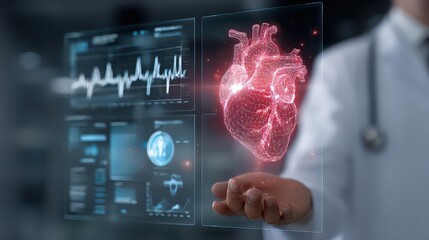 Doctor interacting with holographic heart and medical data on transparent screens in a modern setting