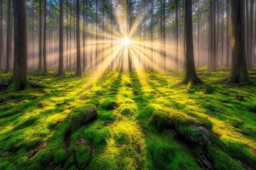Fototapeta premium Sunlight beams through a misty forest floor covered in vibrant moss