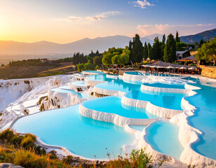A pool of water with a blue pool of water and a mountain of trees in the background
3