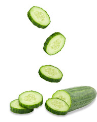 'fresh cucumber slices on transparent background'