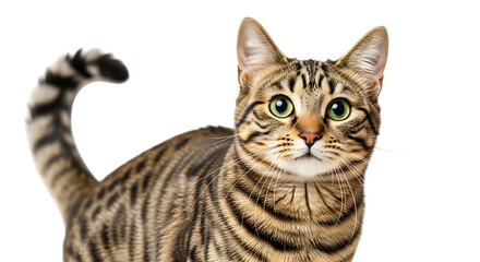 Bengal cat with striking green eyes and spotted coat isolated on transparent background