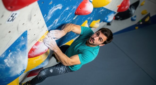 Athletic man training for climbing competition on indoor rock climbing wall with colorful holds - Powered by Adobe