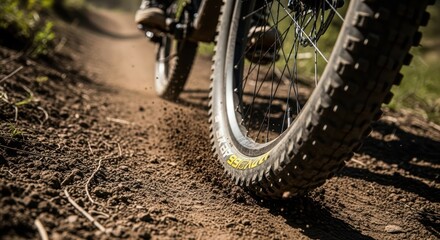 Off road cycling adventure on a dirt trail with rough terrain and sunny skies
