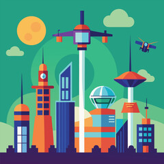 Eco Futuristic Cityscape Featuring Drones And Solar Energy Systems