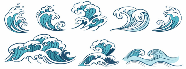 Minimalist Blue Ocean Waves Vector Set for Sea-Themed Designs and Projects