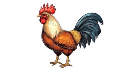 Fototapeta premium A brown rooster illustrated in rustic, hand-drawn style with textured strokes and minimal shading, designed for logo use on a white background.