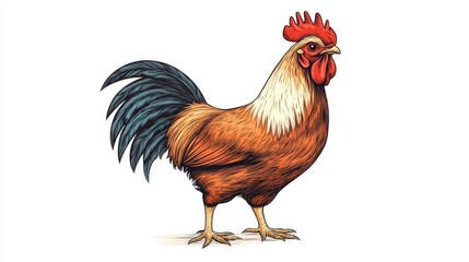Fototapeta premium A brown rooster illustrated in rustic, hand-drawn style with textured strokes and minimal shading, designed for logo use on a white background.