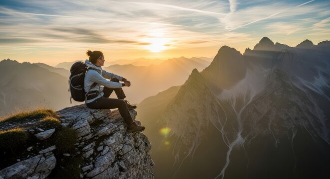 A Woman Enjoys a Serene Sunset While Sitting on a Mountain Peak with a Backpack