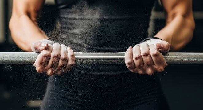 Preparing for a powerful weightlifting session with chalk-dusted hands gripping the barbell