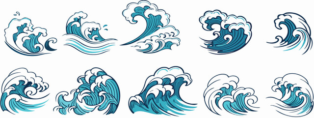 Minimalist Blue Ocean Waves Vector Set for Sea-Themed Designs and Projects