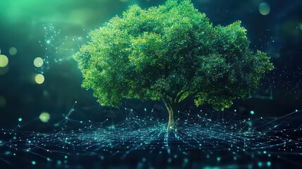 A digital tree with green leaves and a network of blue lines connecting to the base of the tree