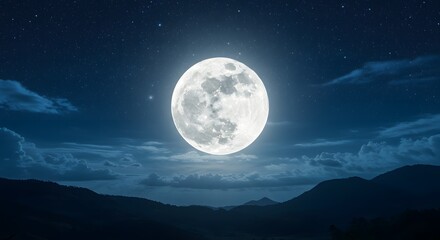 Fototapeta premium Majestic Full Moon Over Mountain Silhouette, Starry Night Sky.