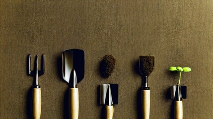 Gardening tools, soil, sprout, wood background, flatlay, planting