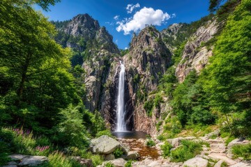 Stunning waterfall cascading down rocky mountainside, lush forest surrounds