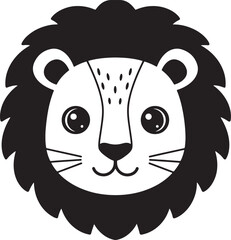 Adorable cartoon lion face in black and white for nursery decor or children's illustrations