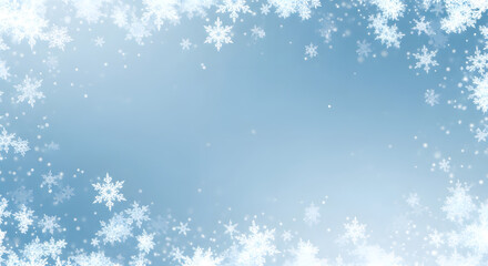 Gently falling snowflakes create a delicate winter frame against a soft, light blue background for festive seasonal designs.