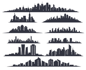 Obraz premium Urban cityscape silhouettes vector illustration. Night town skyline or black city buildings isolated on white background