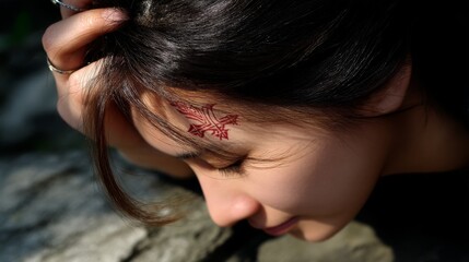 Fototapeta premium Serene Devotion - Traditional Religious Symbol on Forehead in Harsh Daylight, Low-Angle Tilt-Shift Shot with Environmental Composition