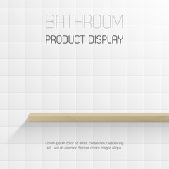 Minimal bathroom interior with white ceramic tiles and floating wood shelf for product mockup or display podium of shampoo, soap, toothpaste, skincare and cleaning supplies. branding showcase