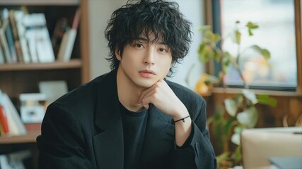 A young man with dark, curly hair poses thoughtfully, hand resting on his chin, in a relaxed indoor setting
