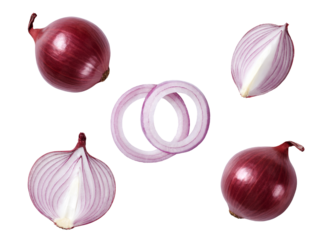 red onion isolated on transparent background, cut and whole.