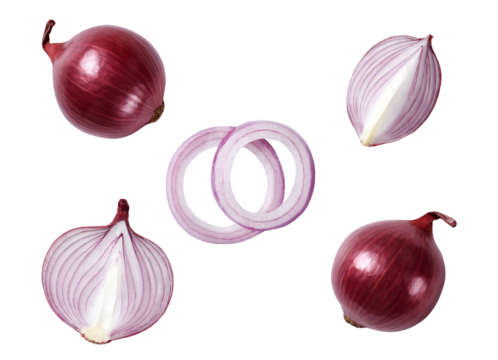 red onion isolated on transparent background, cut and whole.