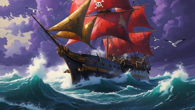 Pirate ship with red sails navigates stormy seas under a purple sky - Powered by Adobe