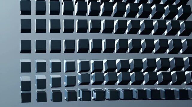 Dynamic transformation of rotating black cubes on reflective surface in motion sequence