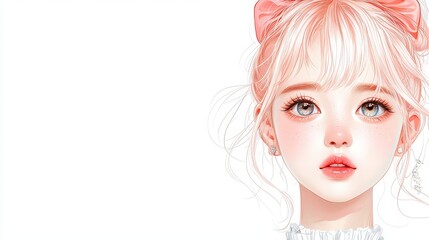 Fototapeta premium Clean close-up illustration of a kawaii girl with shining eyes and glowing skin, soft stitched textures in textile design style, with empty space for design on white background.