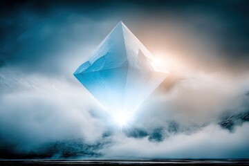 Floating diamond-shaped crystal over misty mountains