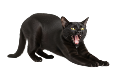 Fierce black cat yawning wide open isolated on transparent background