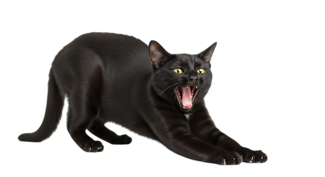 Fierce black cat yawning wide open isolated on transparent background