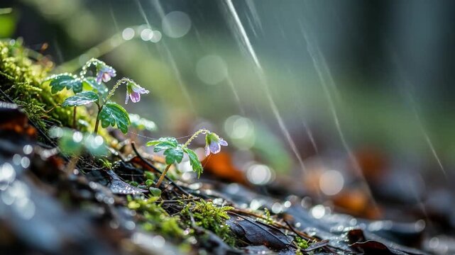 Delicate Flowers Blooming in a Rainy Forest: A Serene Nature Scene Depicting Spring Growth