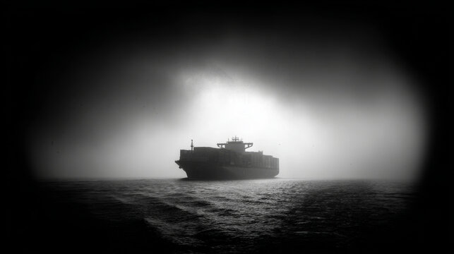 Large container ship emerges through misty clouds, creating dramatic and mysterious atmosphere on water