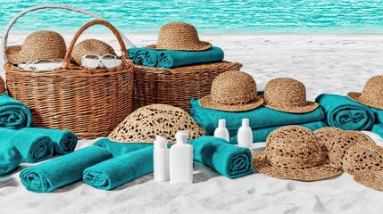 Beach picnic basket, towels, hats, sunscreen, ocean view