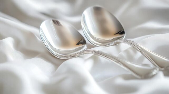 Two polished silver spoons rest on white silk