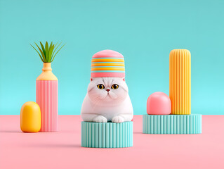 Close-up portrait of an cat wearing a funny handmade winter woolen hat, looking up with curiosity, funny animals