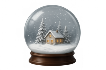 Delicate glass snow globe displaying miniature wooden cabin glowing warmly, surrounded by snow-laden evergreens against translucent white backdrop