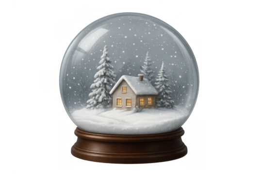 Delicate glass snow globe displaying miniature wooden cabin glowing warmly, surrounded by snow-laden evergreens against translucent white backdrop