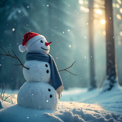 Joyful snowman in a snowy forest with warm sunlight