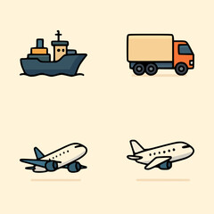 Flat design illustration of global freight vehicles including sea freight, land shipping truck, and airplane taxiing