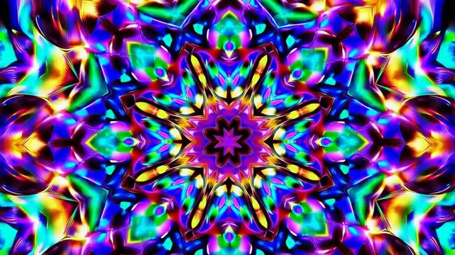 Vibrant kaleidoscope pattern transformation with dynamic symmetry